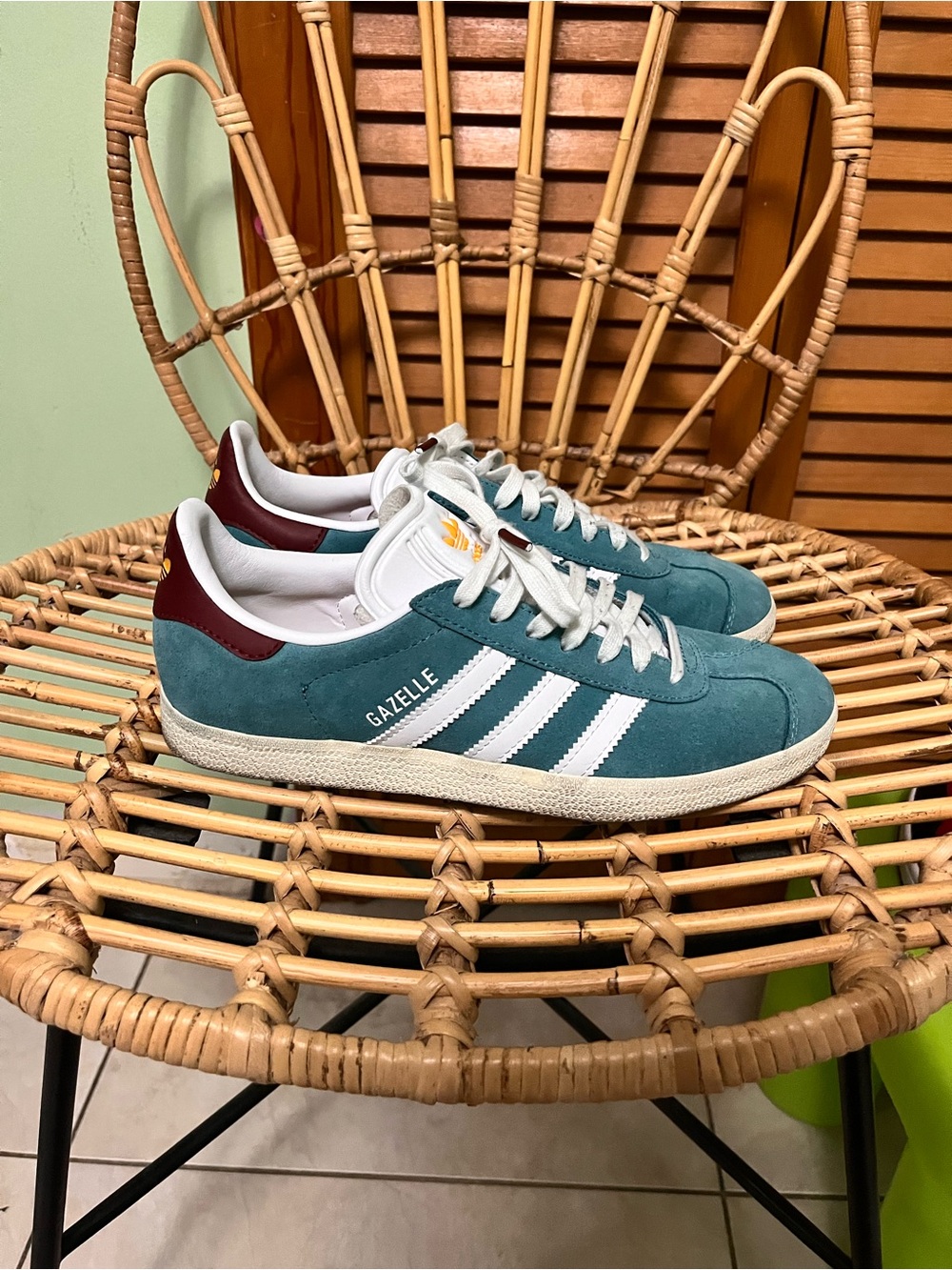 adidas Gazelle Suede Sneakers Teal Green with White Stripes and Burgundy Heel